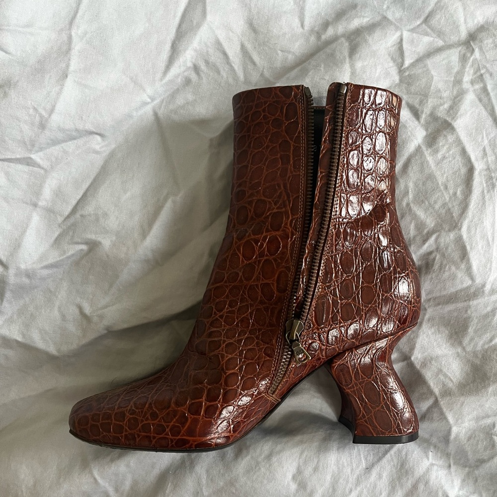 Dries Van Noten brown heels leather ankle boots, snake embossed designer boots